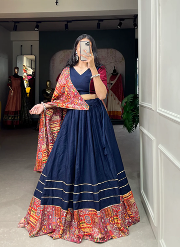 Festive Wear Navy Blue Pure Cotton Printed Lehenga Choli